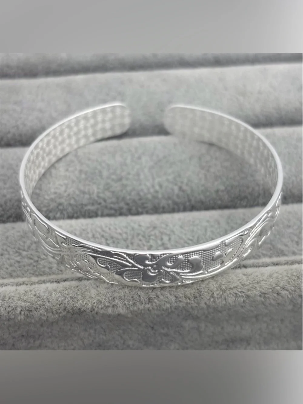 Elegant Silver Tone Floral Engraved Cuff Bracelet Adjustable Boho Stackable